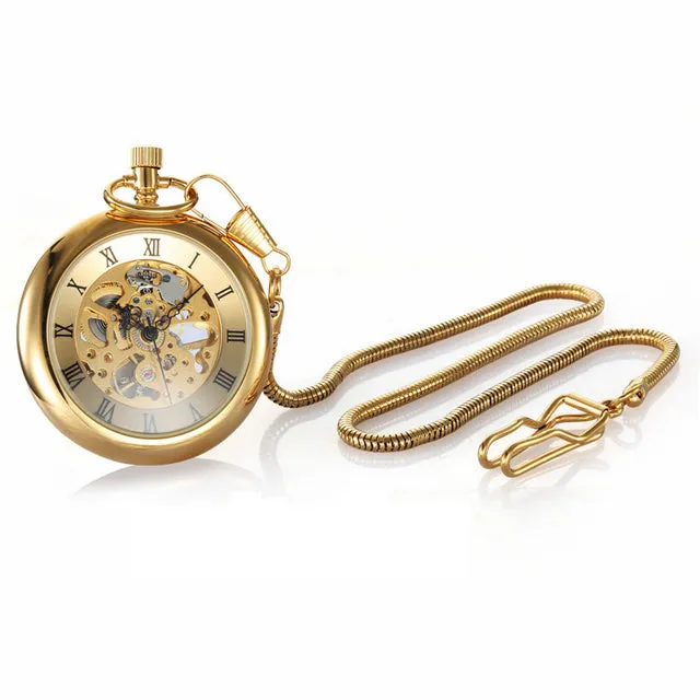 Antique Unisex Gold Skeleton Roman Numerals Hand Winding Pocket FOB Watch