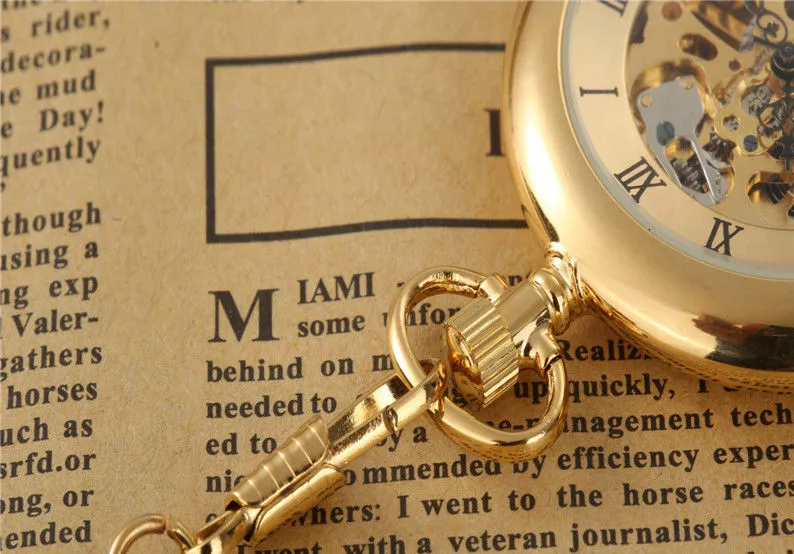 Antique Unisex Gold Skeleton Roman Numerals Hand Winding Pocket FOB Watch