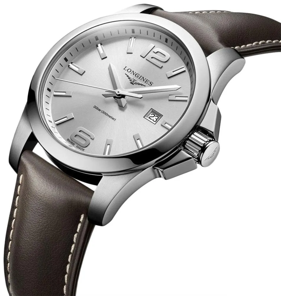 Longines Conquest Automatic Stainless Steel Brown Leather Strap Silver Dial Date Mens Watch L3.778.4.76.5